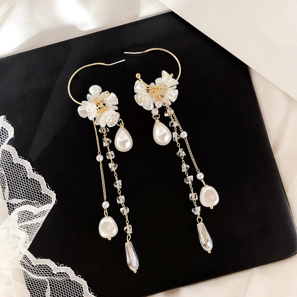 Dominated 2019 Fashion Style Shell Flower Pearl Women Drop earrings Contracted crystal long tassel |