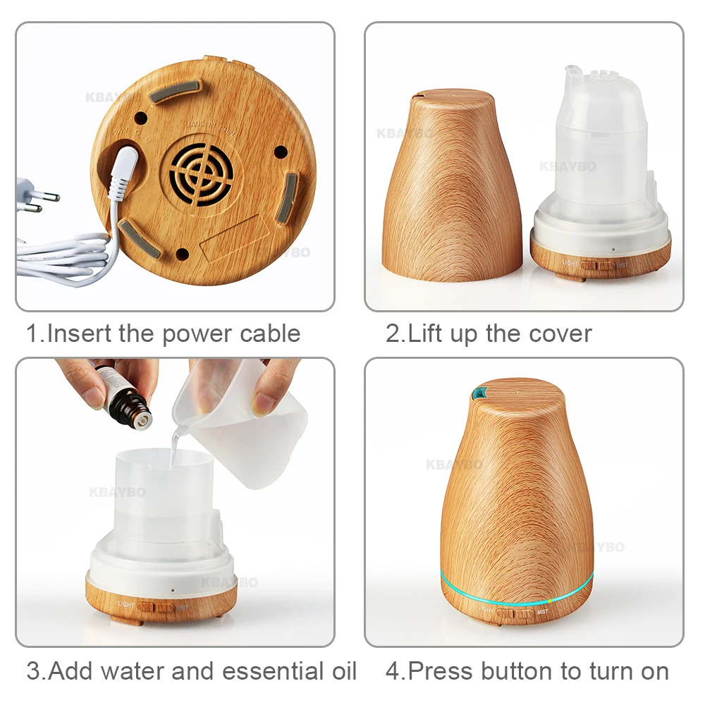 KBAYBO 120ml Aroma Essential Oil Diffuser Ultrasonic Air Humidifier with Wood Grain
