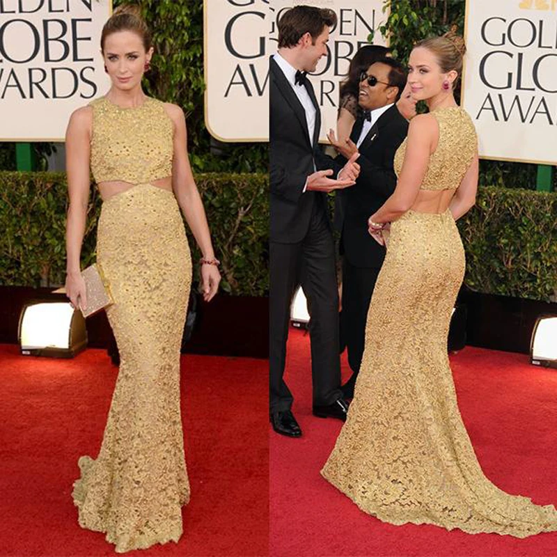 Two Pieces Gold Lace Embroidery Prom Dress 2016 Sexy Mermaid Celebrity Evening Dresses Sweep Train Red Carpet Gowns | Свадьбы и