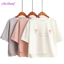 2019 летняя футболка Топы женские свободные негабаритные белые розовые короткие футболки Oneck короткий рукав Blusas девушки вышивка корейские