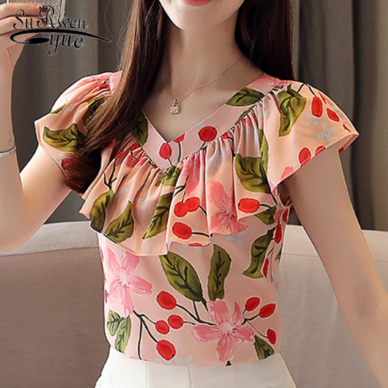 womens blouses and tops summer blouses for women 2019 ladies blouses V-Neck Butterfly Sleeve Floral Chiffon blouse 4369 50