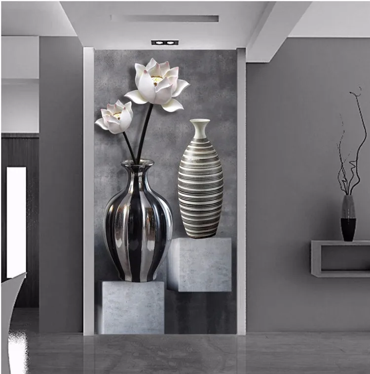 

papel de parede Three - dimensional mystery fresco black and white lotus vase living room aisle background wallpaper