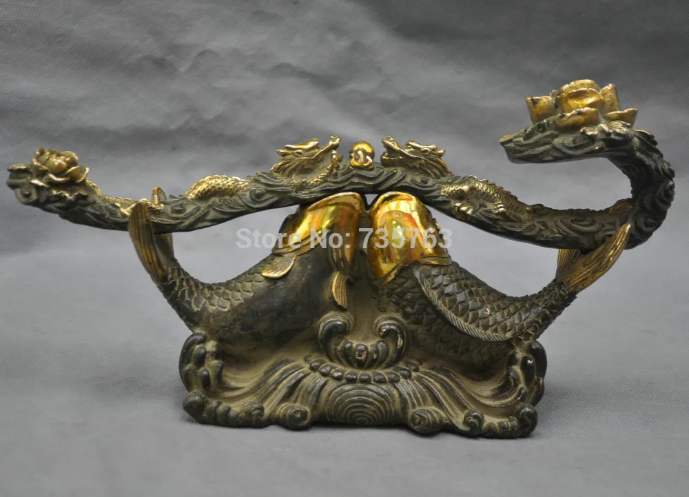 

001862 15'' Chinese Fengshui Bronze Two Fish Dragon Ruyi Luck Statue