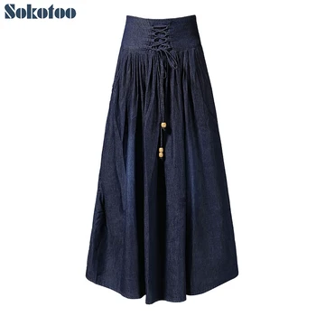

Sokotoo Women's plus size high waist lace up A line skirt Medium long dark blue light weight denim skirt