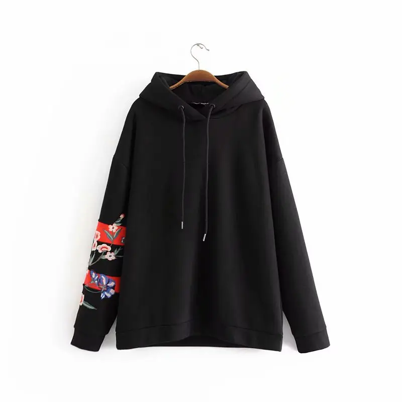 Women Floral Embroidery Fashion BF Style Black Hooded Sweatshirts Autumn Long sleeve Hoodies Tops Women Pullovers#C204