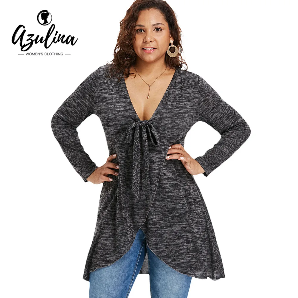 

ROSEGAL Plus Size Marled Overlap Tunic T-Shirt Women Tops Casual V Neck Long Sleeve Solid Color Long T Shirt Ladies Clothes 5XL