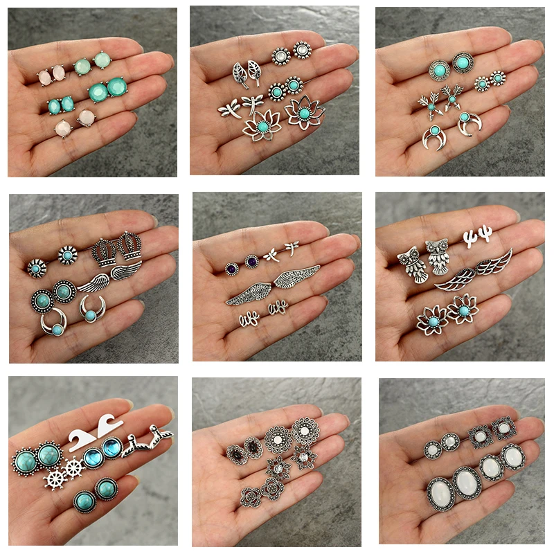 

Tocona Boho Vintage Silver Wings Rhinestone Geometric Stud Earring Set Piercing Ear Pendientes Earrings Brincos Femme