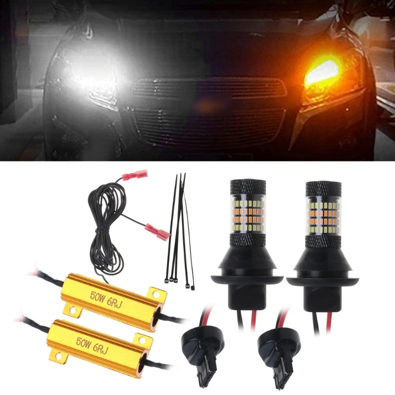 2PCS T20 7440 /1156 BA15S / BAU15S 96-LED 3014 50W Dual-Color Switchback DRL Turn Signal Light Kit Automobiles Signal Lamp