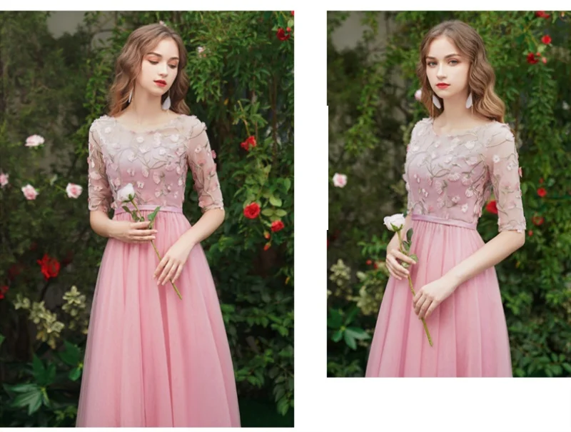 Розовое платье подружки невесты для свадебной вечеринки женское Тюлевое платье с вышитыми цветами Vestido Largo Sirena с v-образным вырезом