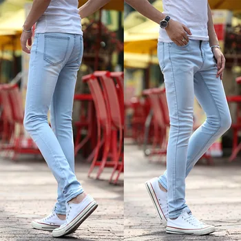 

Light blue 2020 teenagers jeans men's cultivate one's morality elastic foot height pencil pants