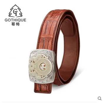 

gete New crocodile leather belt with male bay crocodile mammoth tooth 925 silver smooth buckle belt with personalized retro belt