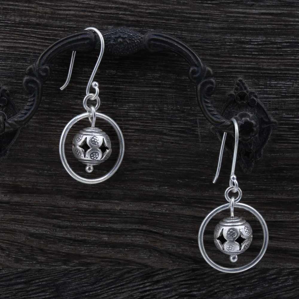 Mythic Age Real 925 Sterling Silver Vintage Tribal Flower Pattern Balls Drop Dangle Earrings Jewelry Gift for Woman Girl | Украшения и