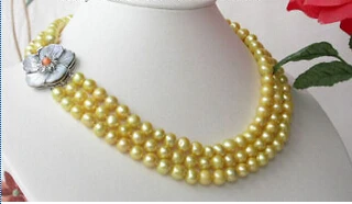 

FREE SHIPPINGFW 3strands 9mm yellow pearl Necklace shell cameo clasp AAA