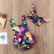 Одежда для новорожденных и маленьких девочек; боди без рукавов с квадратным воротником и цветочным принтом с открытой спиной; повязка на голову с бантом; комплект из 2 предметов; хлопковая детская одежда