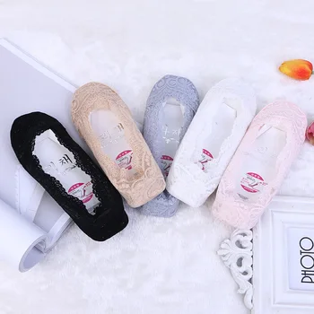 

5 Pairs/lot Women Sock Cotton Blend Antiskid Invisible Silicone Non-slip Low Cut Woman Socks Stealth Ice Silk Lace Boat Socks