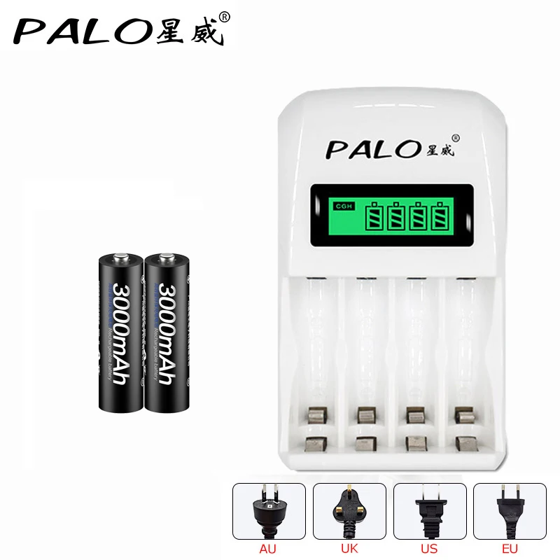 

Hot ! PALO NC01 intelligent LCD display Indicator 4 Slots AA/AAA Battery Charger + 2pcs AA 3000mah NiMh Batteries Free shipping