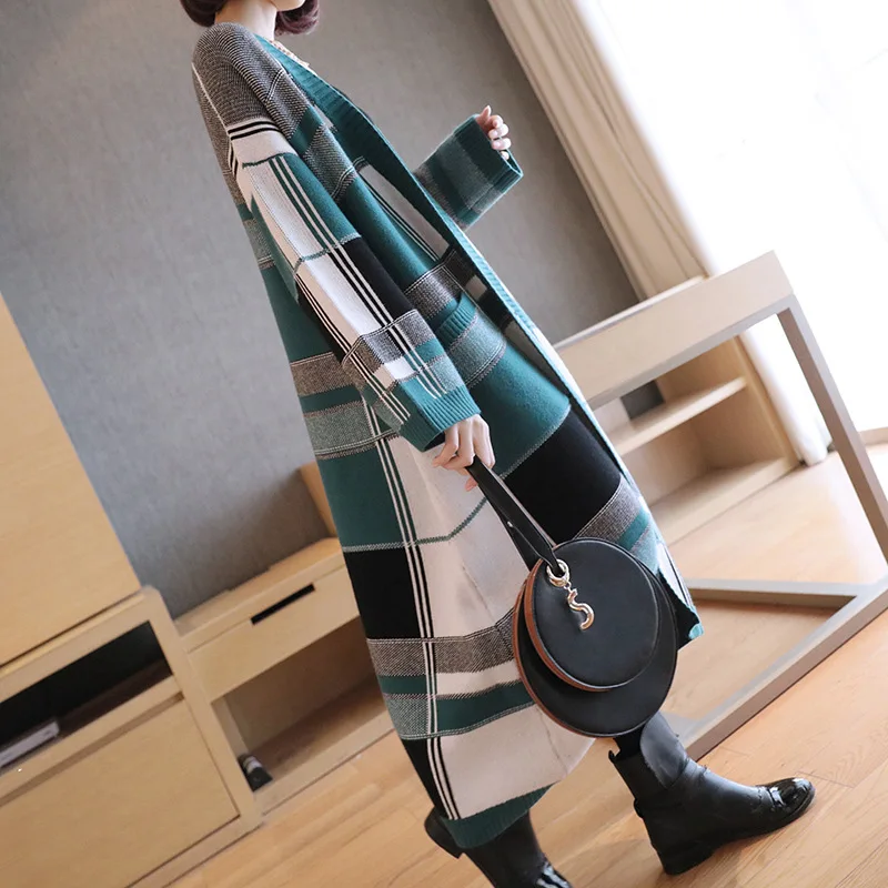 

Long Thickened Knitted Overcoat Large Plaid Female Spring Autumn 2019 Chequered Sweater Korean Fashion Loose Sweater Opener