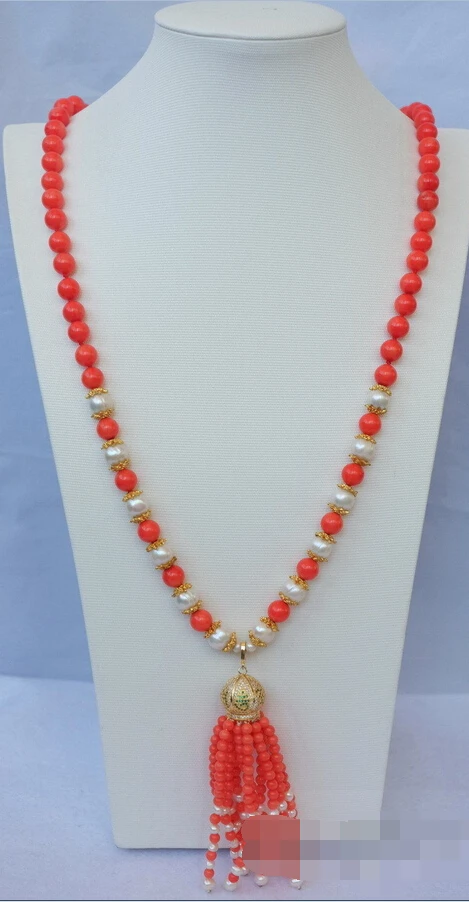 

huij 004906 9mm Orange Coral&White Pearl necklace-zircon Pendant
