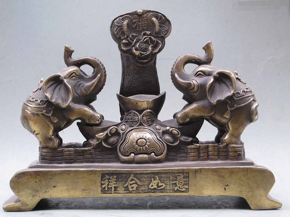 

11"Luck lively Bronze animal Auspiciously Pleasant Happy RuYI Elephant sculpture