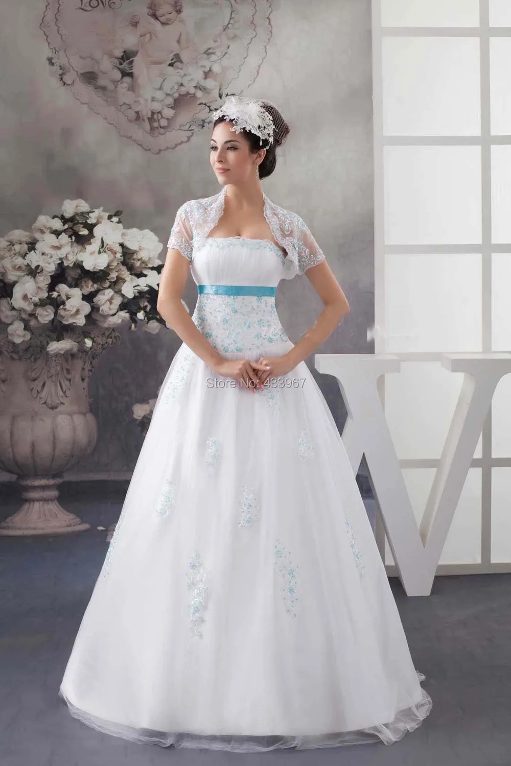 Strapless A Line Long Wedding Dress With Lace Jacket And Turquoise Strapless A Line Long Wedding Dress With Lace Jacket And Turquoise Beads Floor Length Sweep Train Bridal Dresses 2017 New In From Weddings