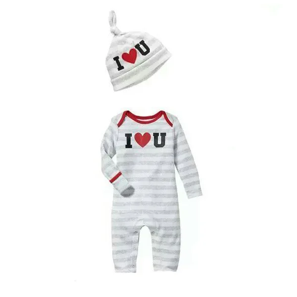 

3 PIECES/ LOT 100% Cotton Unisex Baby Romper+Hat Red Heart Printing Cotton Infant Caps Jumpsuit Set Infant High Quality Clothes