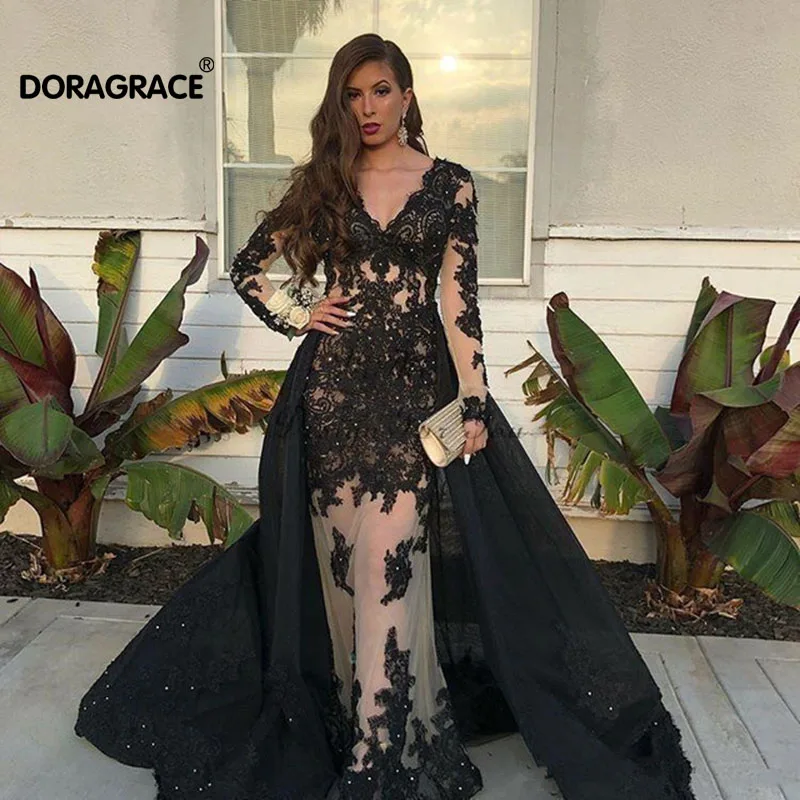 

Doragrace Applique Beaded Long Sleeves Evening Dress Mermaid Prom Gown Black Evening Party Dresses With Detachable Train