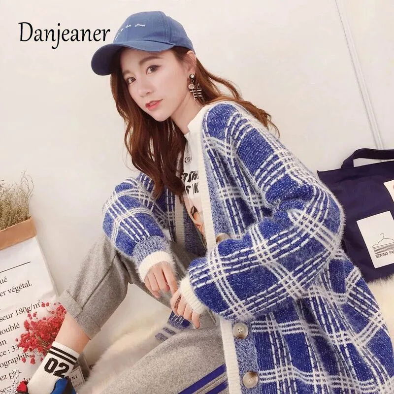

Danjeaner Winter Long Cardigan Women's Lazy Wind Harajuku Plaid Sweater Korean Version Streetwear Knitting Coats Jumpers Pull