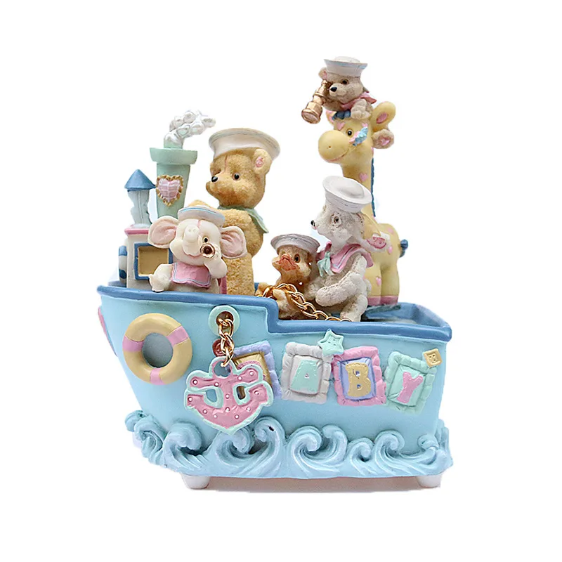 

Lovely animal pirate ship 18 tones resin kid musical box