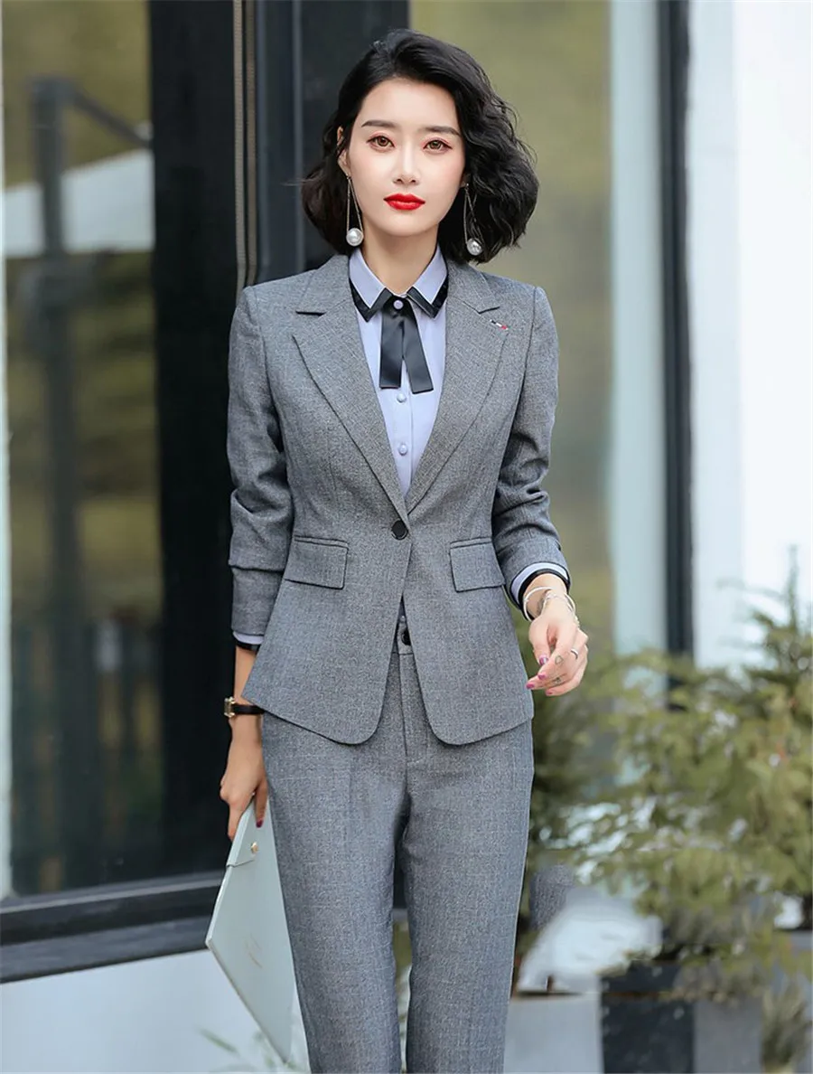 Autumn New gray Business interview women pants suits work office lady long sleeve slim Formal blazer and pants set plus size