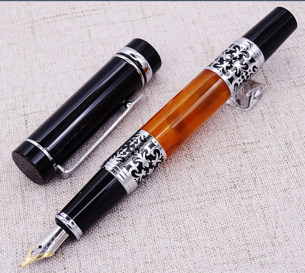 Yiren Celluloid Fountain Pen Beautiful Silver Flower Pattern Medium Nib Ink Pen Writing Business Office Home School Supplies