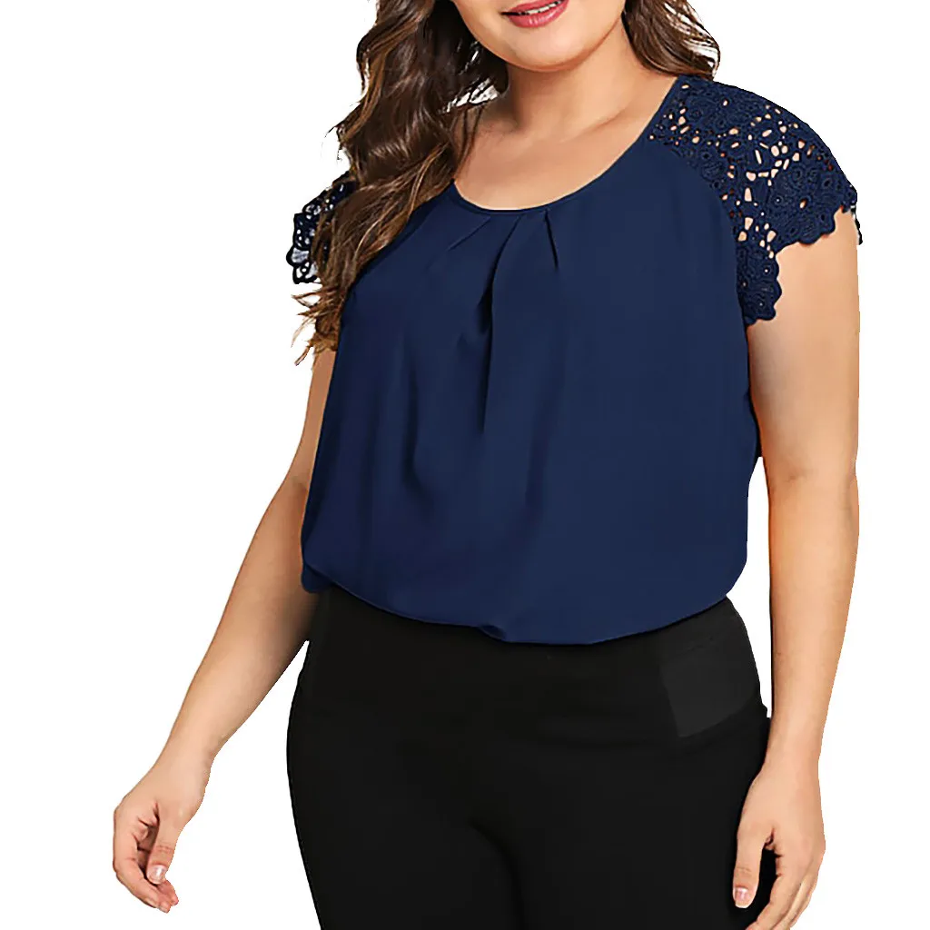 Plus Size Summer Fashion Floral Lace Blouse Casual Ladies Sexy Solid Tee Tops Female Women Short Sleeve Shirt 