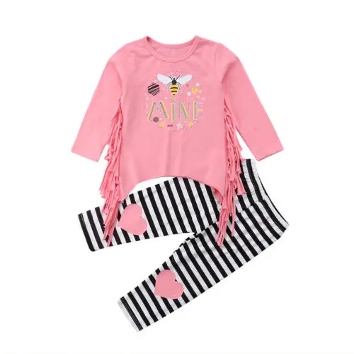 

Tassel Infant Kid Baby Girls Long Sleeve Pink T-shirt Tops+Striped Pants Outfits Clothes Set