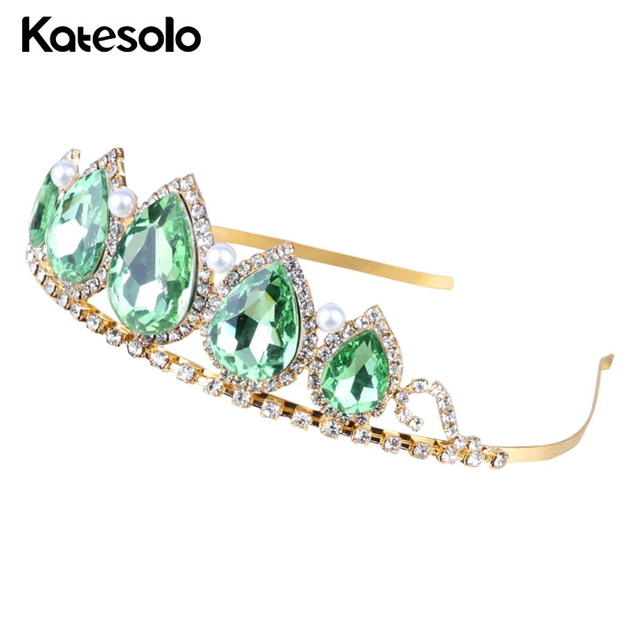 

Elegant Princess Wedding Crown Green Crystal Headband Tiaras Rhinestone Party Hairwear For Bridal Gold Color Hair Accessories