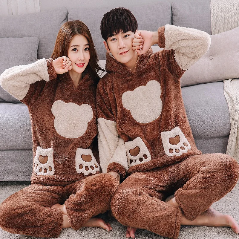 2019 Men's Plush Pajamas Hooded Full Sleeve Winter Warm Thicker Women Lounge Clothing Homewear Cute Cartoon Bear Pyjama homme