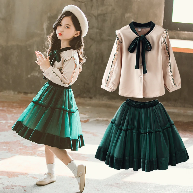 

Baby Kids Clothes Spring Autumn Girls Princess Sets Long Sleeve Blouses + Lace Skirts Suits Casual Preppy Style Teenager Costome