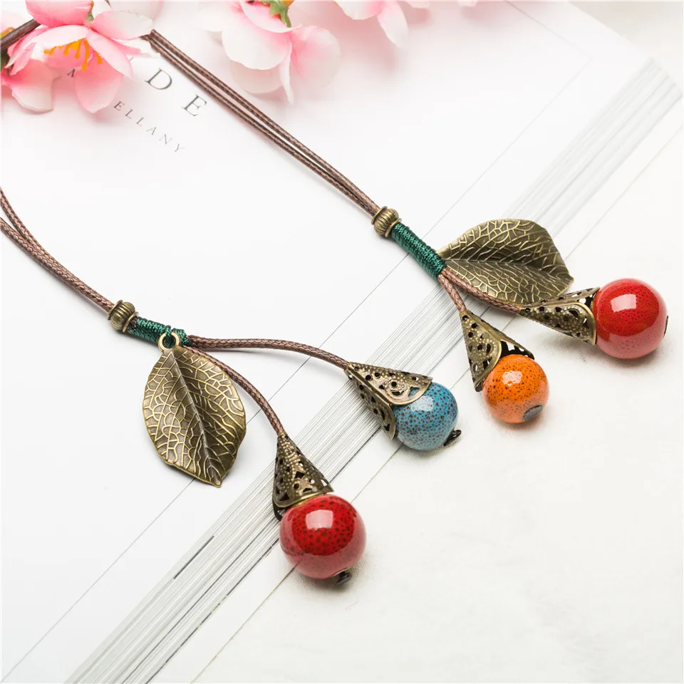 

Charming Chinese Jingdezhen Ceramic Pendant Necklace Vintage long leather rope necklaces for women Fashion jewelry gifts 2019