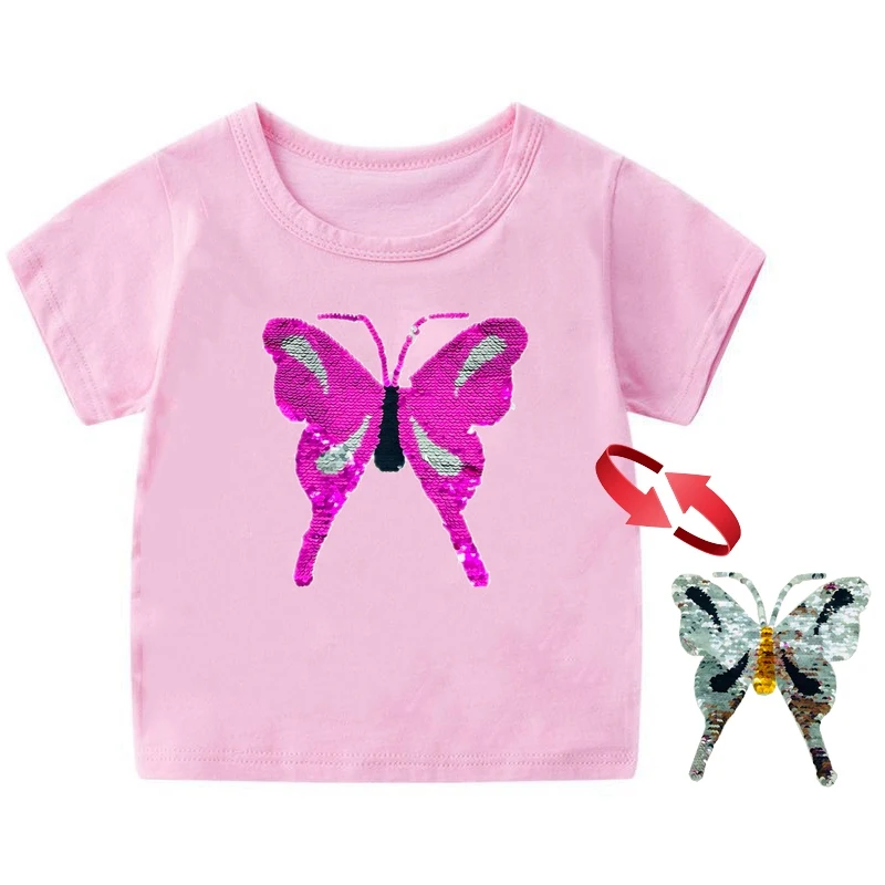 Menina do Menino Shirt das Crianças dos Desenhos 2019 Reversa Descoloração Rosto Flip Duplo Lantejoulas Borboleta Crianças Camisetas da t Animados T shirts Roupas 7 borboleta crianças t-shirts menino menina t camisa