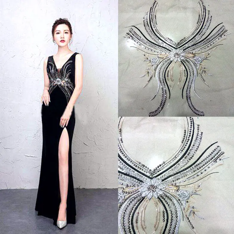 

1 pcs New large Sequins Vintage embroidery flower Stickers Sequins Collar Patch Stickers DIY Coat robe dress cheongsam Patch