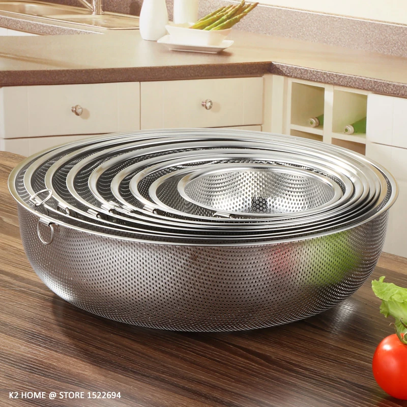

Quality Stainless Steel Colander Pro Kitchen Strainer Washing Bowl Vegetable Fruit Drainer Sieve with Hang Ring Fine 2mm Hole