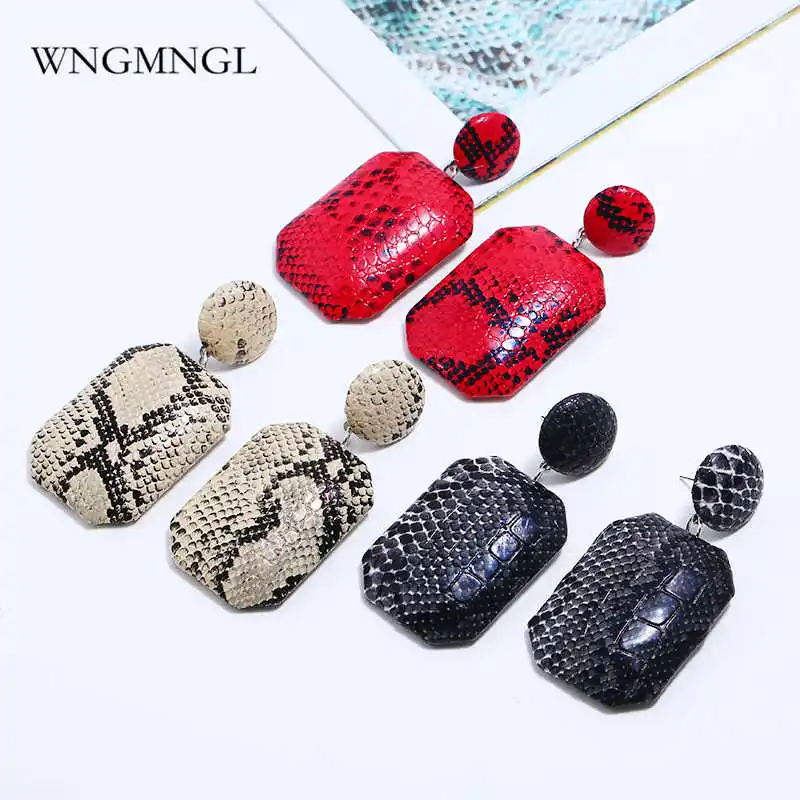 

WNGMNGL 2019 Fashion Female Earrings Exaggeration Vintage Statement Leopard Snake skin Leather Drop Dangle Earrings For Women