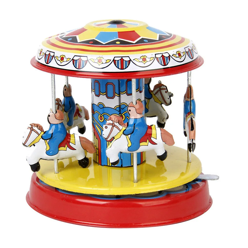 1PC Vintage Wind up Clockwork Carousel Rotating Art Crafts Collectible Toy Puzzles Assembly Model Gift For Kids