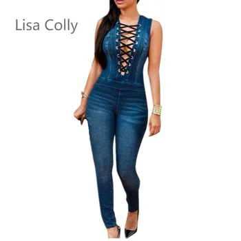

Lisa Colly Women jean Jumpsuit Casual Long Trousers Women pencil Pants women sleeveless summer jeans