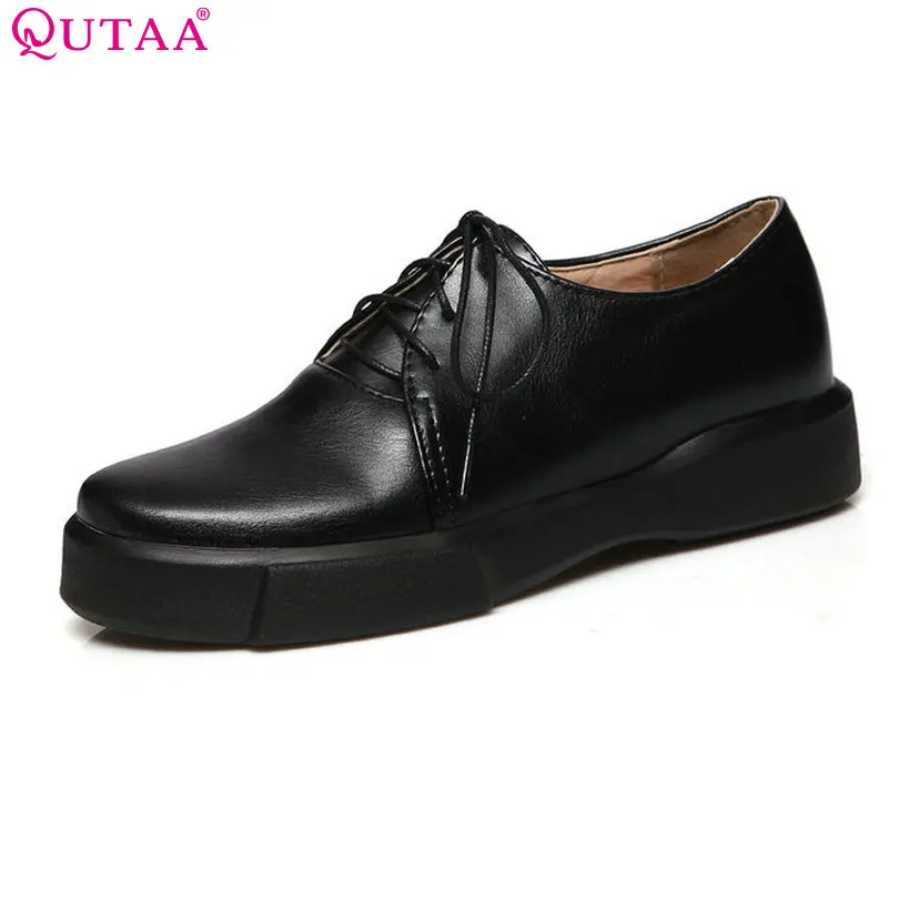 

QUTAA 2018 Women Pumps PU Leather Square Low Heel Shoes Round Toe Elegant Black White Lace Up Ladies Casual Shoes Size 34-43