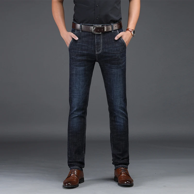 Модные Бизнес Повседневное стрейч джинсы Для мужчин осень-зима узкие Для мужчин s джинсы брюки известный бренд джинсовые брюки Для мужчин большой Размеры 28-42 - Цвет: Blue black
