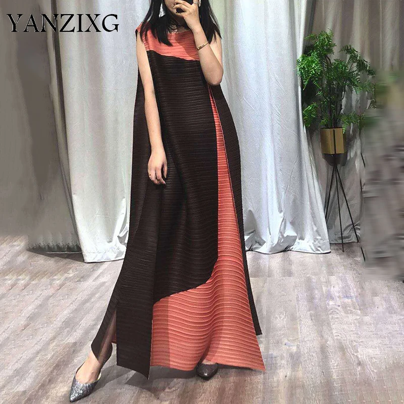 

2019 New Spring Summer Round Neck Sleeveless Hti Color Pleated Split Joint Loose Long Dress Women Fashion Tide E621