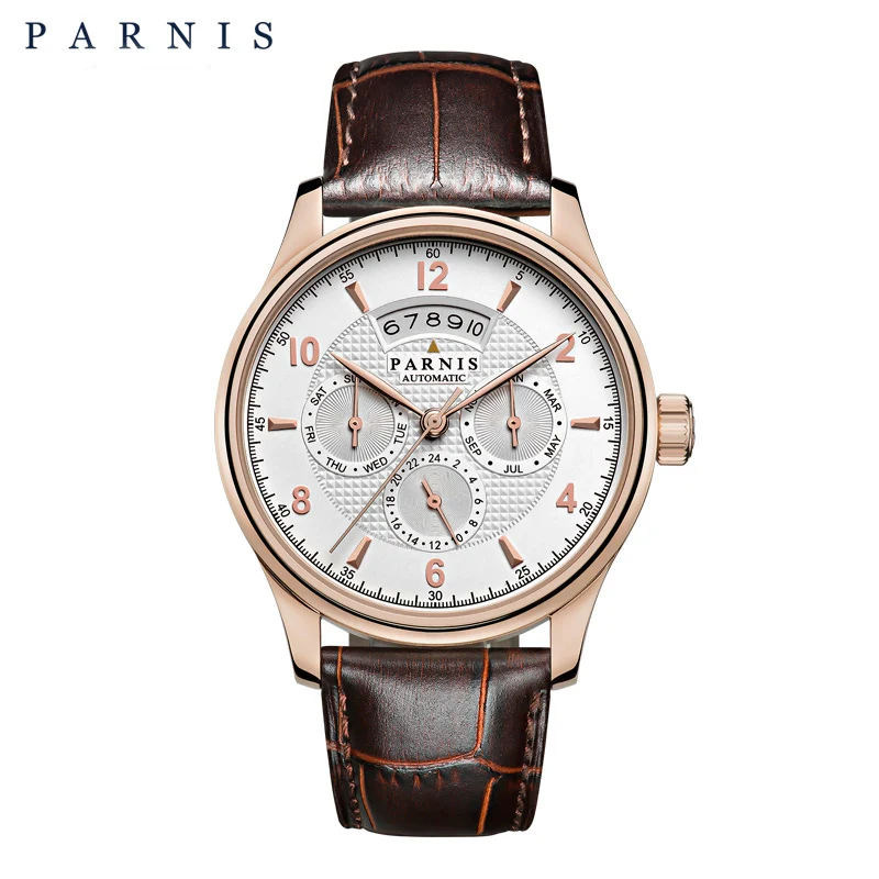 

Parnis 43mm Business Gold Men Watch Automatic Mechanical Men's Watches Power Reserve Calandar Sapphire Clock relogio masculino