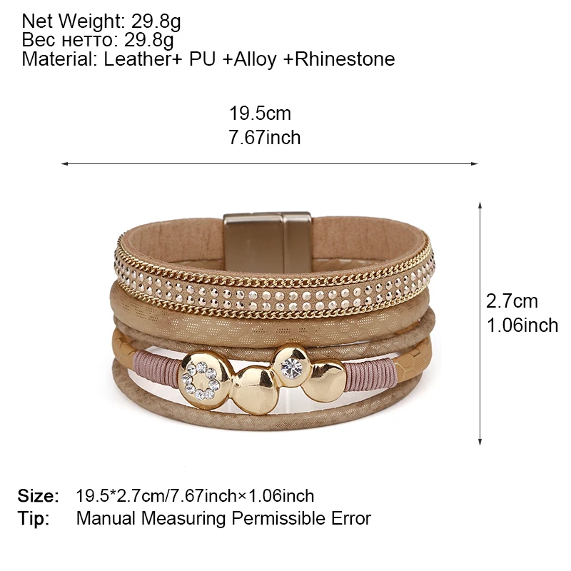 ALLYES Многослойные Кожаный браслет Для женщин Femme очарование кристаллов металла богемный Винтаж Женский широкий Браслеты и браслеты ювелирные изделия