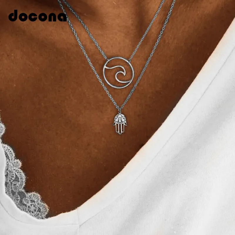 

Docona Bohemian Silver Color Wave Hand Pendant Necklace for Women Geometric Layered Pendant Necklaces Collars 6383
