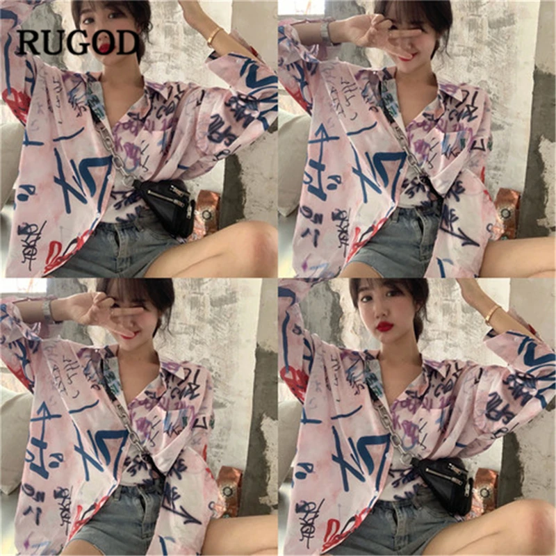 RUGOD/ Новое поступление, женская Свободная рубашка с буквенным принтом, с воротником-стойкой, с длинными рукавами, Тонкая блузка, стильный возраст