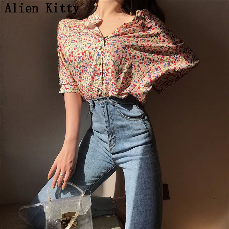 

Alien Kitty Fresh Simple Sweet Casual Women Print All-Match Elegant Loose Chiffon Three Quarter Shirt